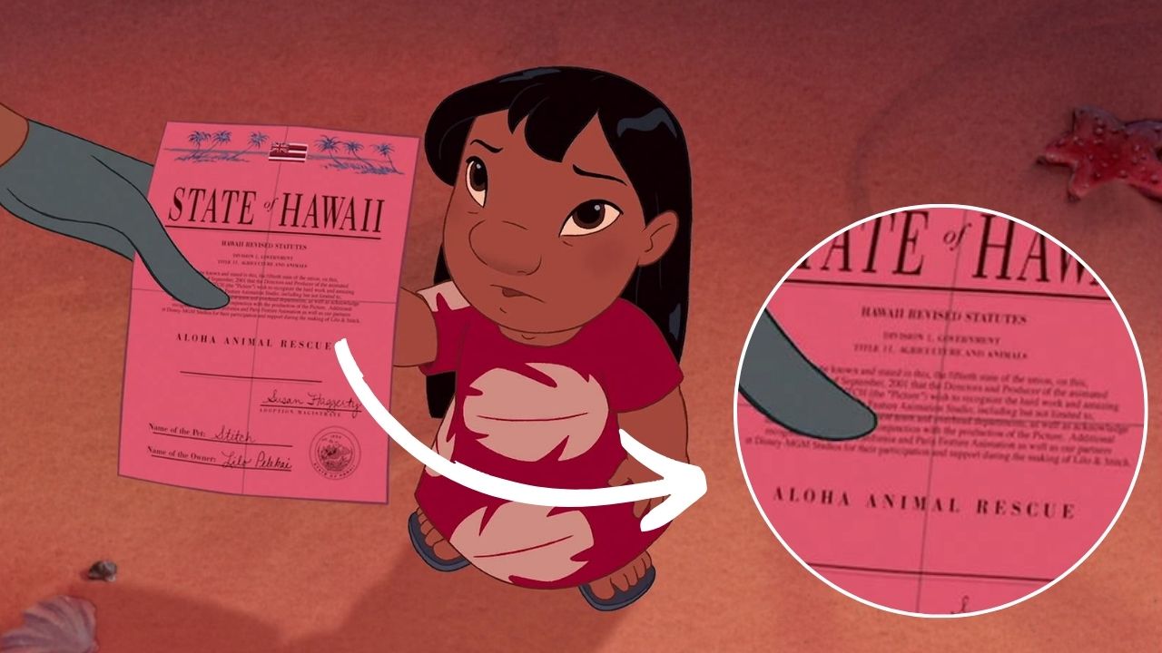 Easter egg de agradecimento na certidão de adoção de Stitch