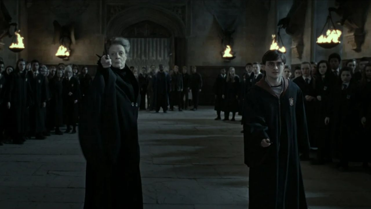 Minerva e Harry Potter no duelo contra Severo Snape