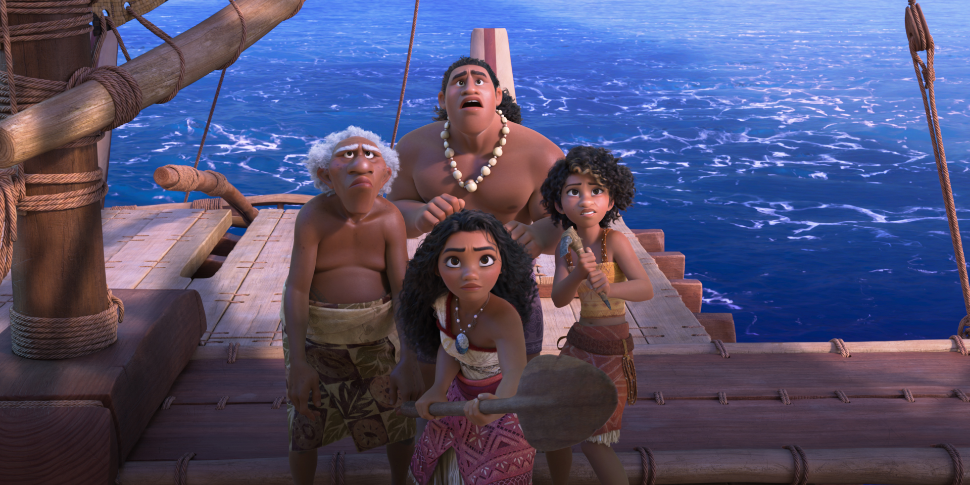 Moana e nova tripulação em cena de "Moana 2"
