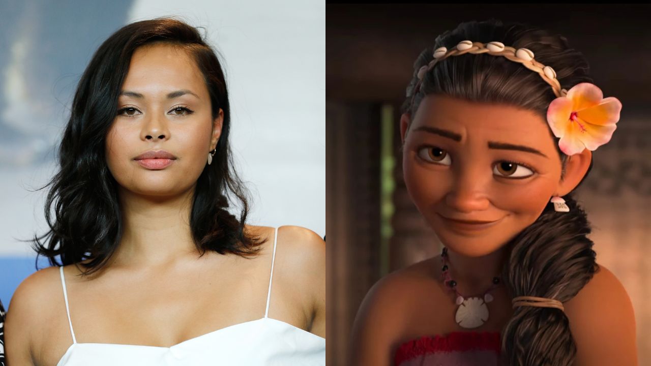 Frankie Adams em coletiva de imprensa de 'One Thousand Ropes' e Sina em cena de "Moana"