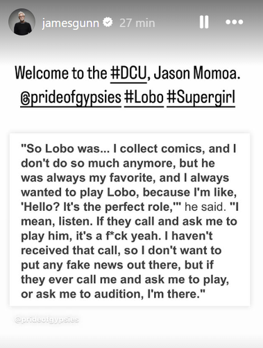 James Gunn dando as boas vindas para Jason Momoa nas redes sociais