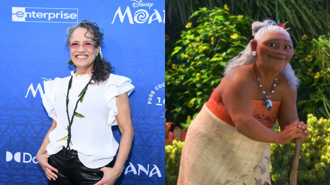 Rena Owen na première de "Moana 2" e Vovó Tala em cena de "Moana"