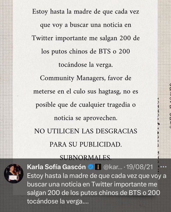 Tweet de Karla Sofía Gascón sobre BTS