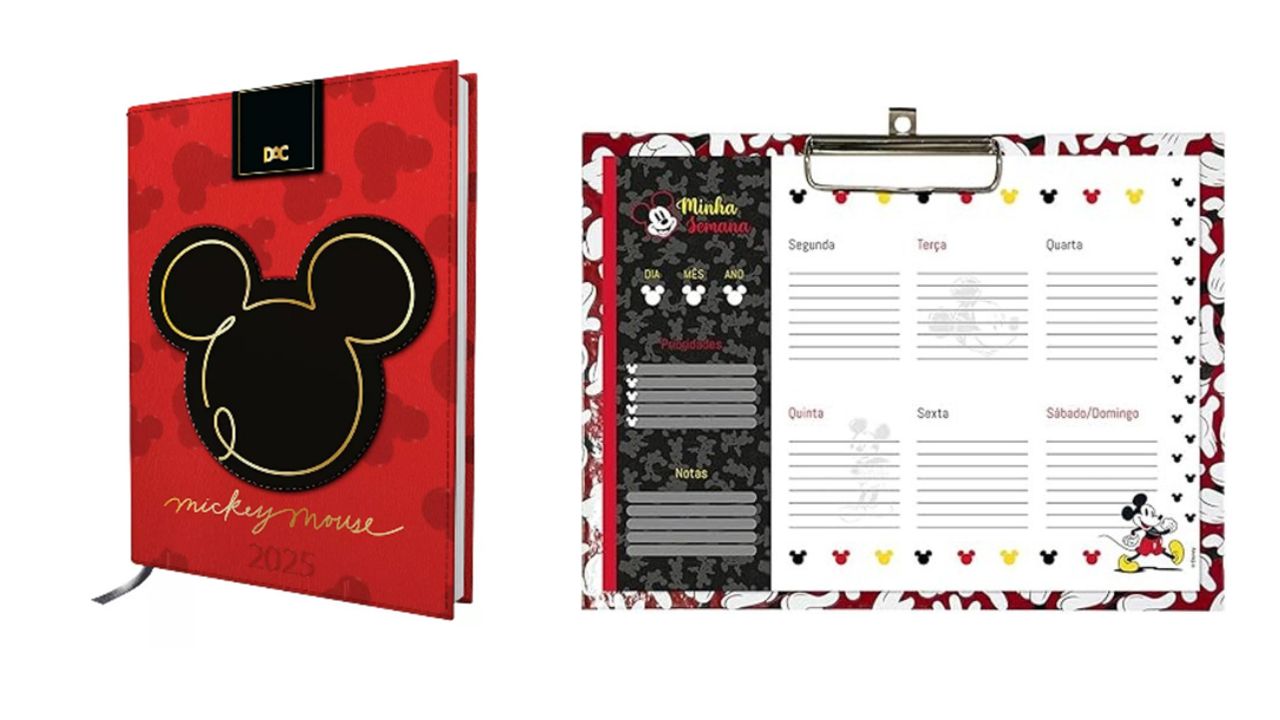 Agenda Diária Mini Costurada Mickey Mouse 2025 e Prancheta Planner Semanal Mickey