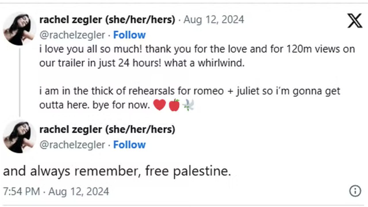 Print do tweet da Rachel Zegler sobre a Palestina