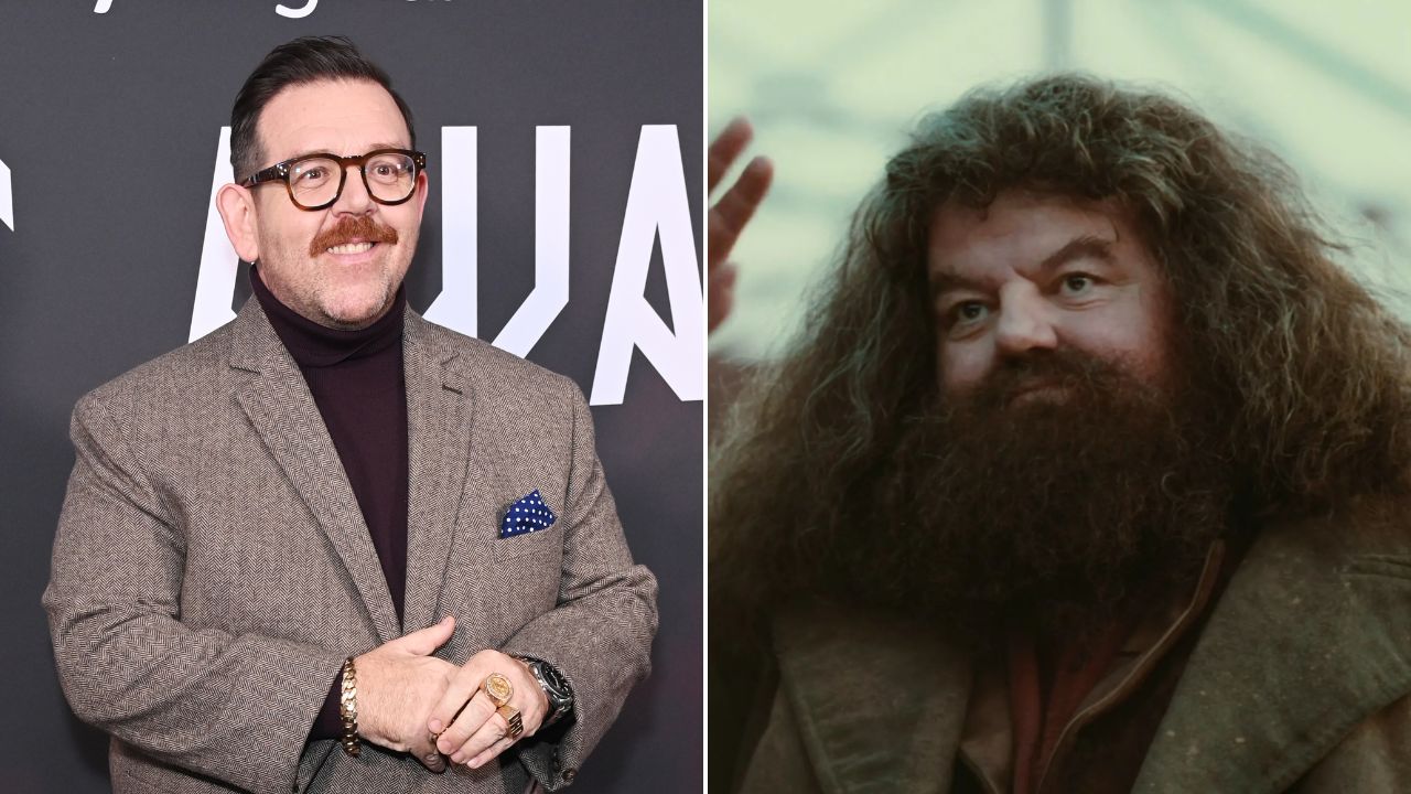 Ator Nick Frost e personagem Rúbeo Hagrid