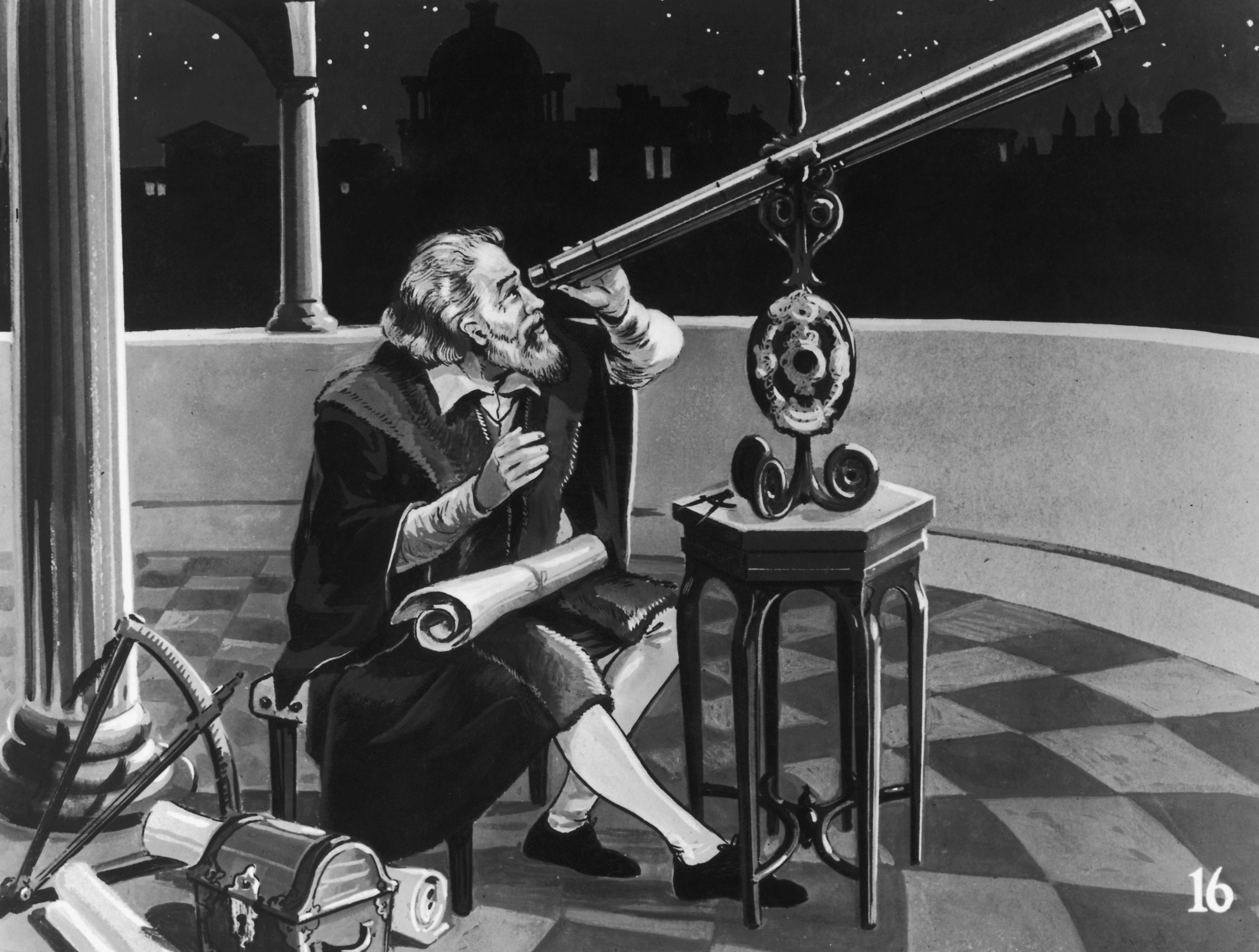 Galileu Galilei utilizando um telescópio (1620)