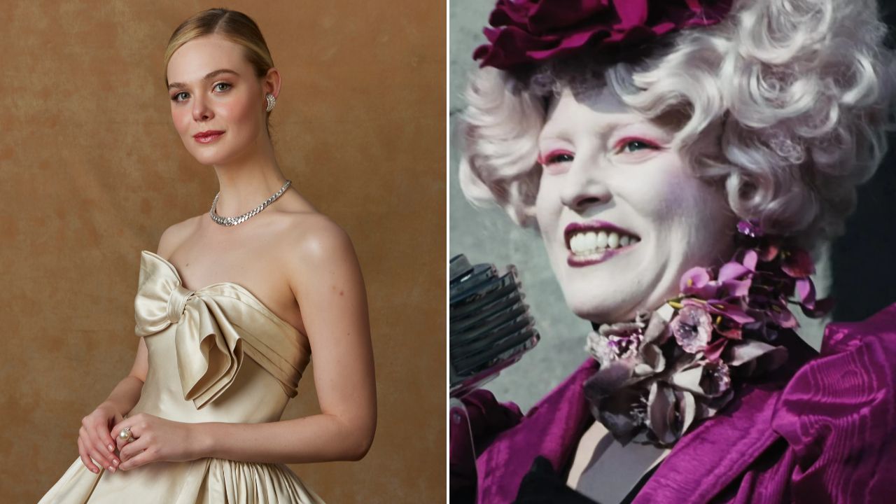 Atriz Elle Faning e Effie Trinket em 'Jogos Vorazes' (2012)