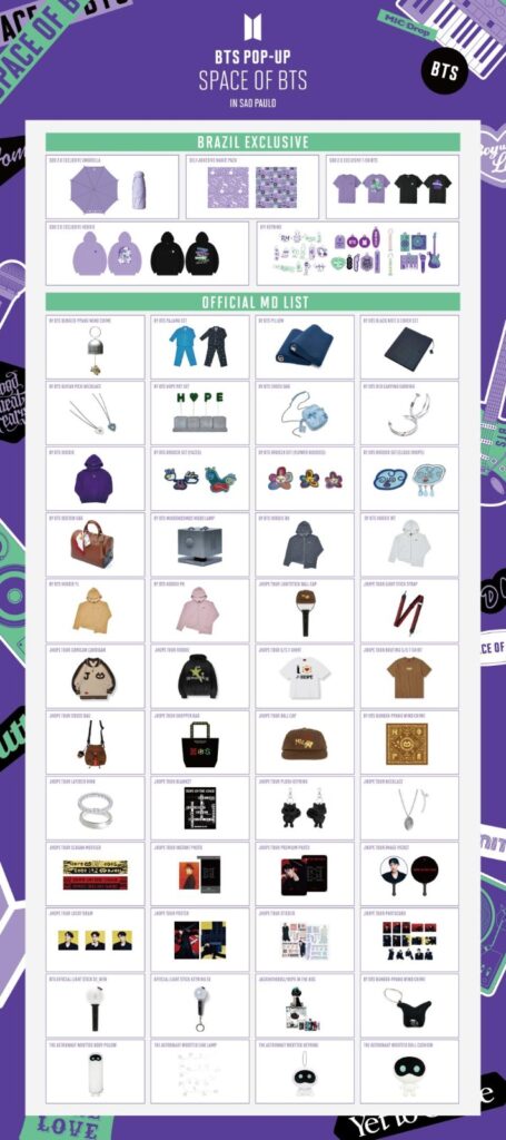 Itens da BTS POP-UP: SPACE OF BTS no Brasil
