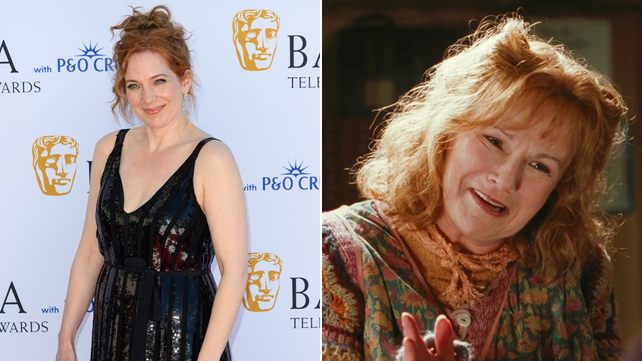 Atriz Katherine Parkinson e personagem Molly Weasley