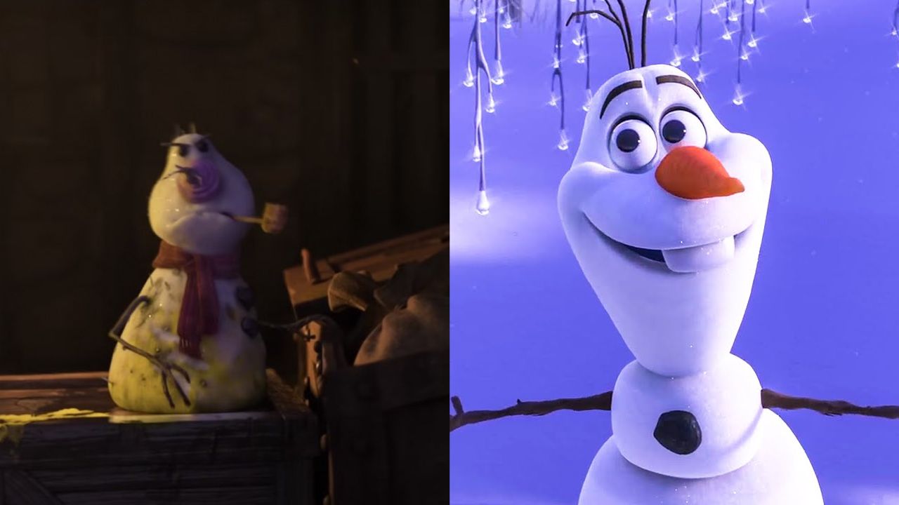 Personagem de Shrek 5 e Olaf, da franquia Frozen