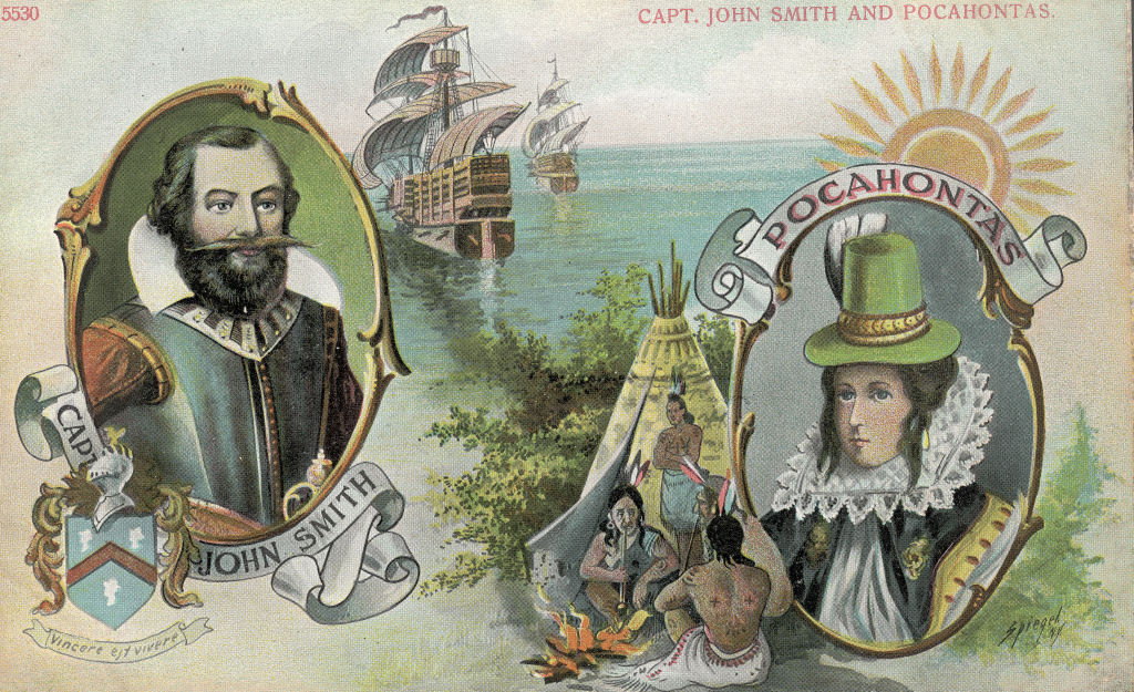 Cartão postal com representações de John Smith e Pocahontas - Kean Collection/Getty Images