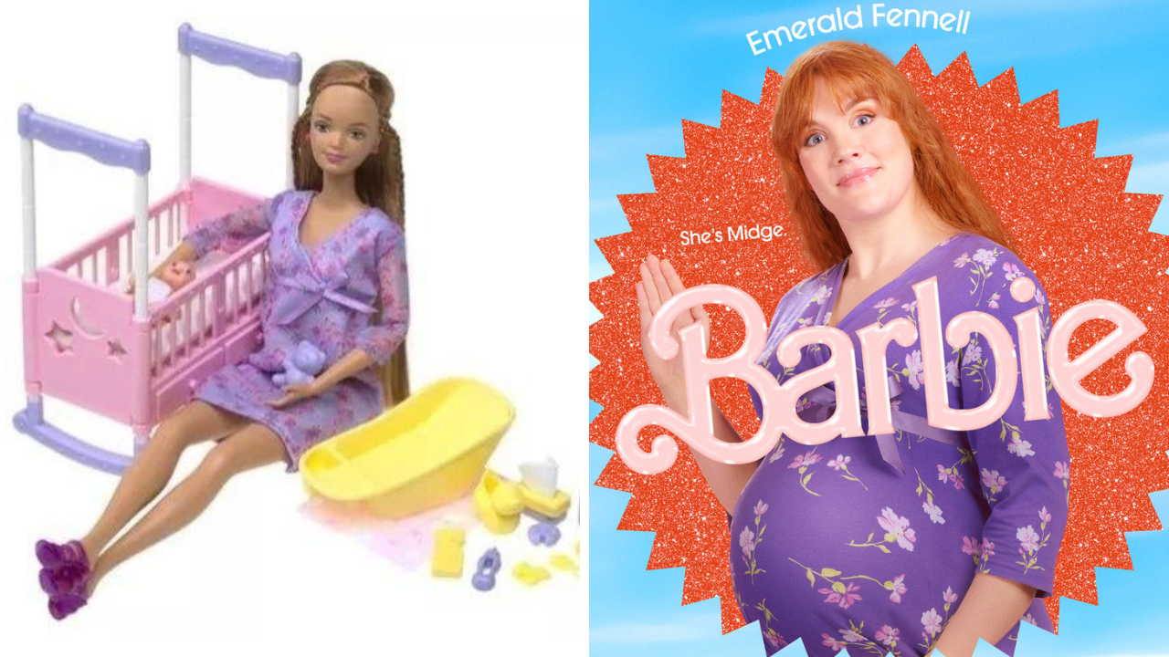A boneca de Midge e Emerald Fennell como Midge no cartaz do Live action da Barbie