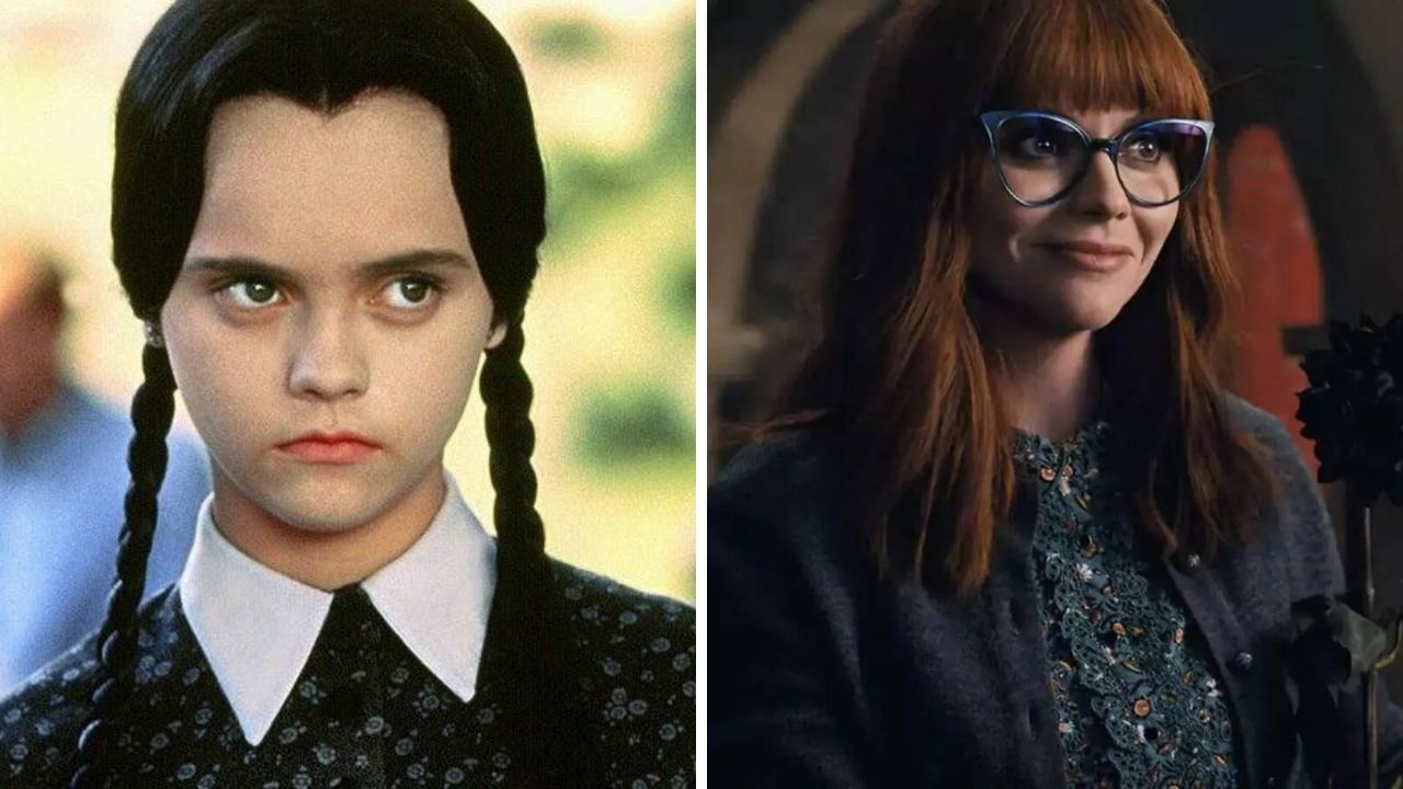 Christina Ricci como Wandinha em 'A Família Addams' (1991) e como Marilyn Thornhill em 'Wandinha' (2022)