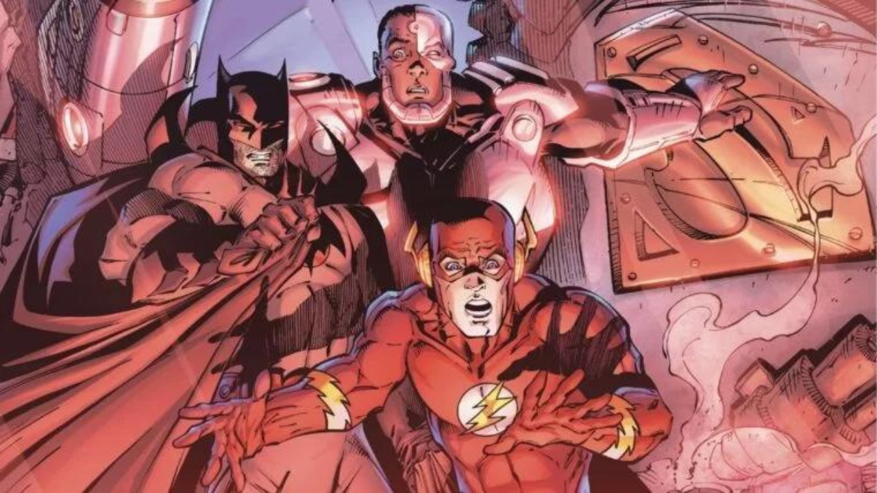 Batman, Flash e Ciborgue salvando o Superman