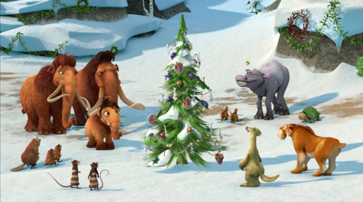 Animais ao lado de uma árvore de natal