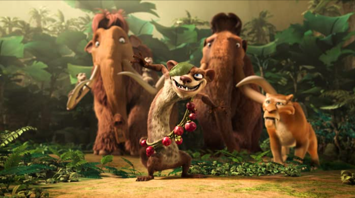 Manny, Sid, Diego e Scrat encaram Buck enquanto faz pose engraçada