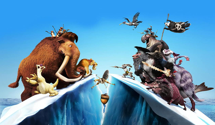 Personagens observam Scrat enquanto cai em uma cratera de gelo