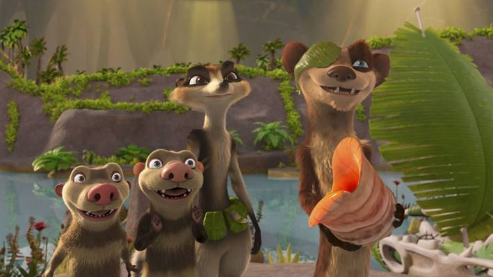 Buck e amigos em um cenário tropical