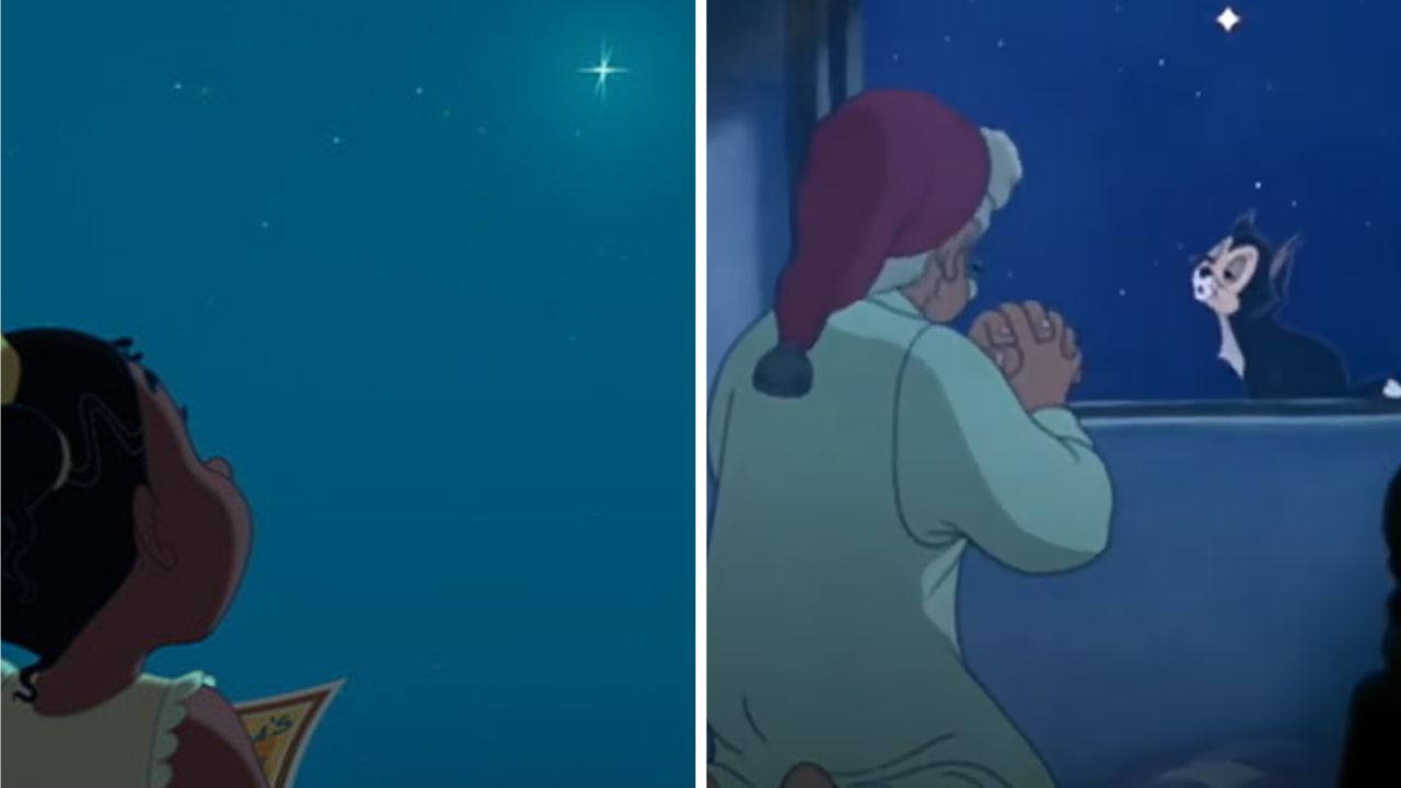 Cenas em 'A Princesa e o Sapo' e em 'Pinóquio' onde a estrela dos desejos aparece 