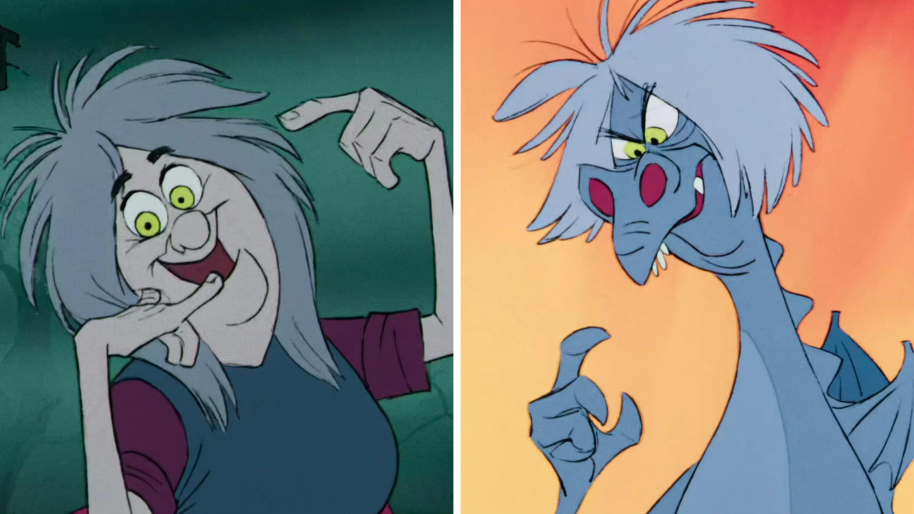 Madame Mim em sua forma normal e transformada em dragão roxo