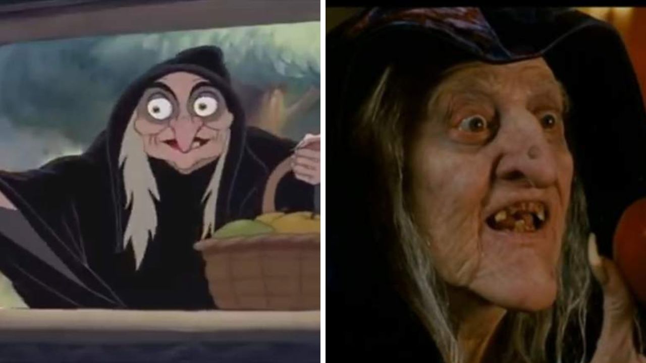 Rainha Má e Narissa como uma idosa para enganar as princesas de seus filmes