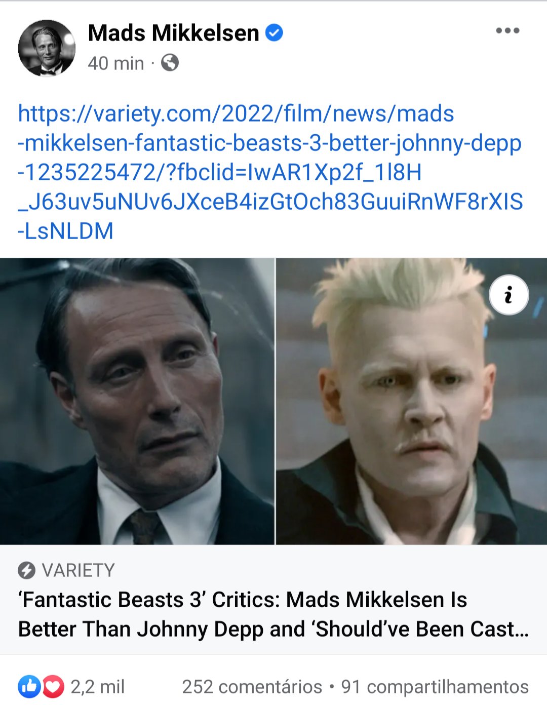 Post no facebook de Mads Mikkelsen,