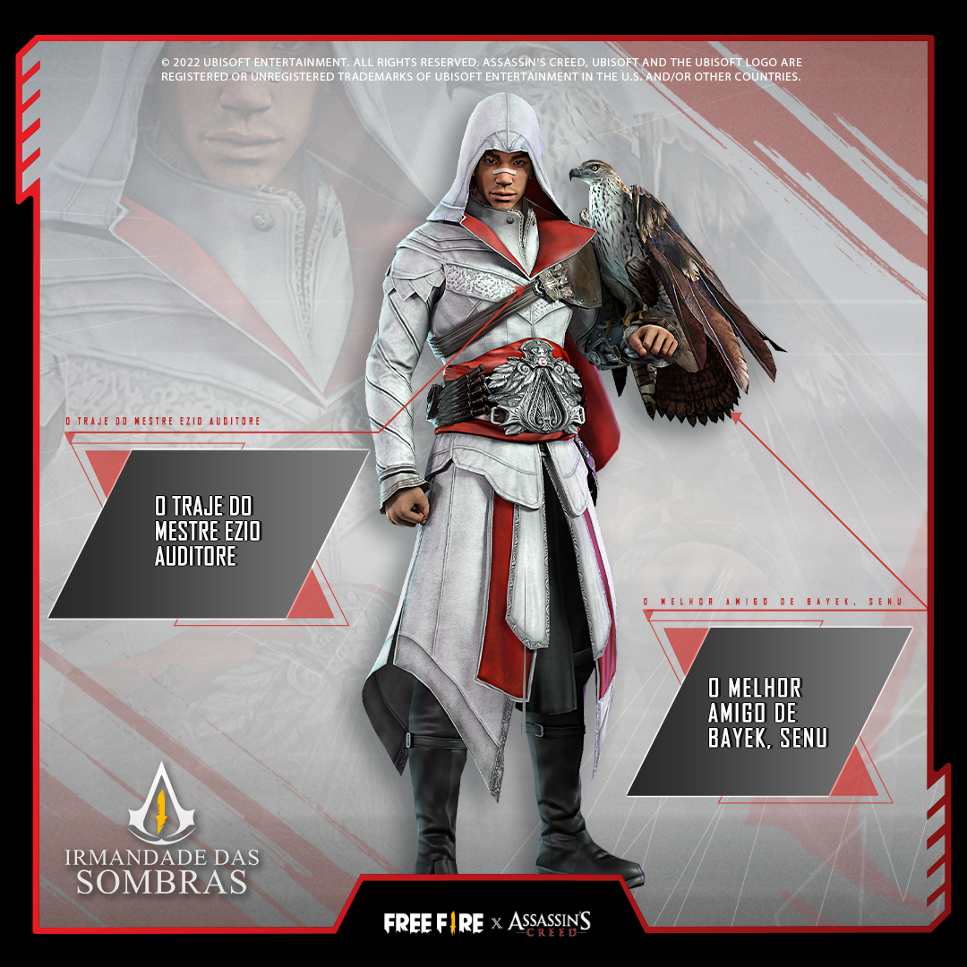 O mestre Ezio Auditore e Senu, um falcão Bonelli fêmea