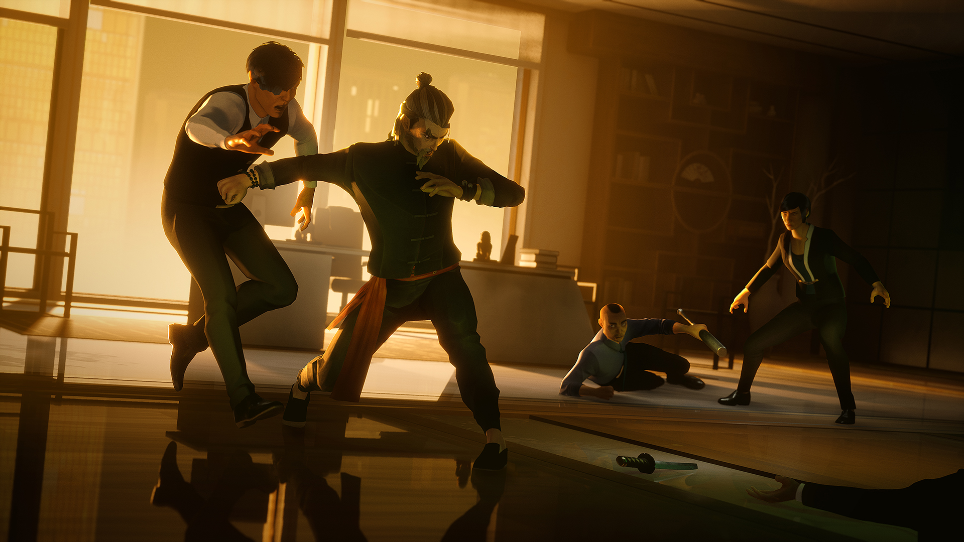 Três homens lutando kung fu dentro de uma sala escura