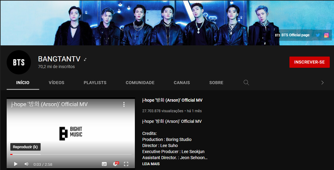 Print do número de inscritos do canal BANGTANTV
